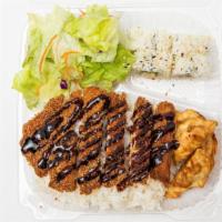 Chicken Katsu & Cali Roll · Japanese deep-fried chicken cutlet and 4 pieces cali roll. Served with gyoza, salad and rice.