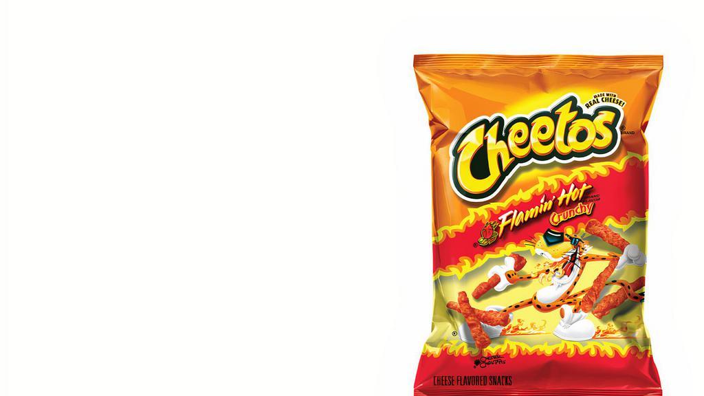Cheetos®  Crunchy Flamin' Hot (330 Cals) · Hot, spicy flavor packed into crunchy, cheesy snacks. CHEETOS® Crunchy FLAMIN’ HOT® Cheese Flavored Snacks are full of flavor and made with real cheese.