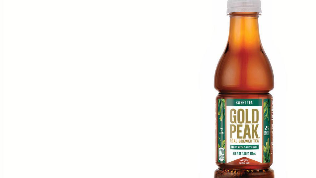 Gold Peak® Sweet Tea (170 Cals) · Gold Peak Real brewed black tea sweetened with real cane sugar.. High quality tea leaves make for a flavor so refreshing you’ll swear it was homemade.
