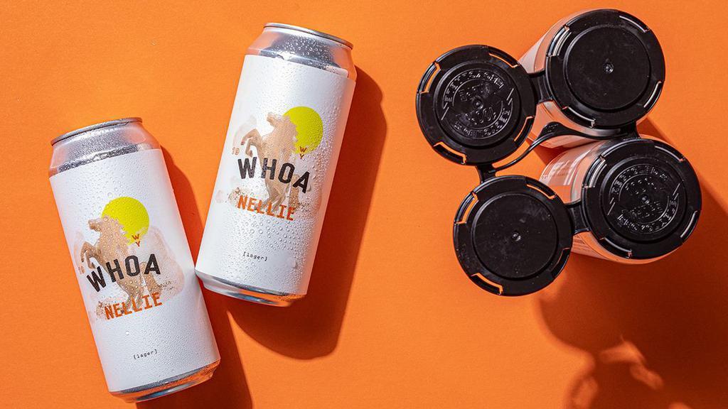 Whoa, Nellie Lager 4-Pack · 4, 16oz cans of our Whoa, Nellie Mexican Lager: brewed with flaked corn, clean, refreshing + easy drinkin’, partner [abv 5.0%]. Must be 21 or over to purchase alcohol. You will be carded upon delivery of the order. By ordering these items you are confirming you are over 21 years old. Must be purchased with food.