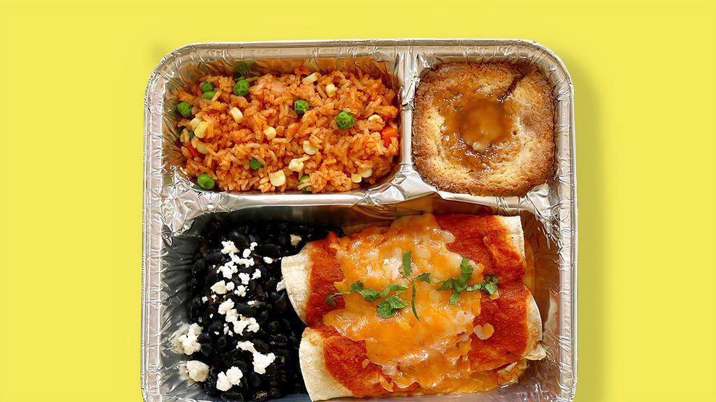 Tv Dinner Cheese Enchiladas · Hearty meals made in-house, frozen in retro-style trays, and ready to pop in the oven when you need them. Cheese enchiladas topped with housemade chipotle ranchero sauce and cheese, served with spanish rice and black beans, with a cinnamon churro caramel cake dessert
