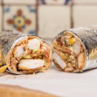 Super Pollo Asada/Prawn Burrito · cilantro, sour cream, guacamole, cheese.      and pico de gallo wrapped in a flour tortilla....