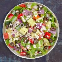 All Hands On Greek Salad  · Romaine lettuce, red onions, cucumbers, tomatoes, and feta cheese. kalamata olives, artichok...