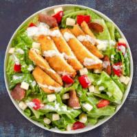 Chicken Cruncher Salad · Iceberg lettuce, tomatoes, cucumbers, diced chicken breast, and dressing.