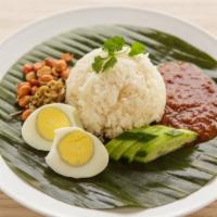 Plain Nasi Lemak · steamed rice cooked in coconut milk, served with sambal, fried anchovies, hard boiled egg, p...
