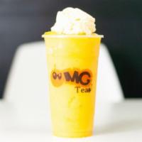 Mango Slushy with Ice Cream · Ice blended mango slush served with a scoop of vanilla ice cream on top