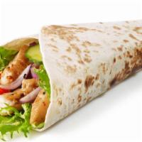 The Chicken Kabob Wrap · Fresh chicken kabob sizzling served in a wrap with lettuce, tomatoes, onions, tzatziki sauce...