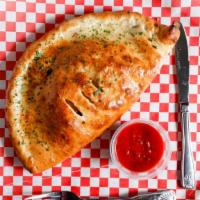 MEAT CALZONE · (homemade white sauce with sausage, pepperoni, ham, meatball and bacon on a folded pizza pie...