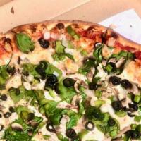 VEGGIE Pizza 12' small · Homemade tomato sauce with Fresh spinach, onions, green peppers, olives & mushroom 
(complim...