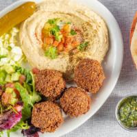 Falafel Plate · Vegan. Four falafel balls, hummus, and Israeli salad.