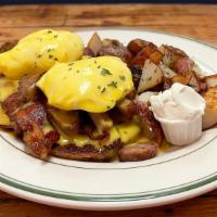 Meat Lovers · Two medium poached eggs, Ham, bacon, and chopped Italian sausage on toast English muffin wit...