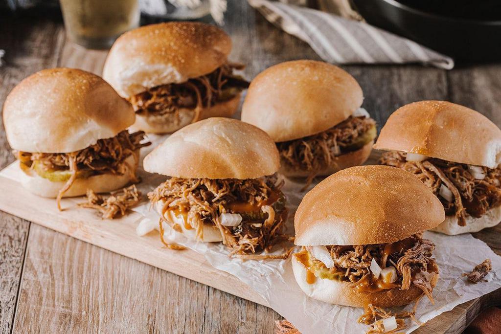 6 Pulled Pork Roadies · a little bit country, a little bit rock n’ roll, a whole lotta flavor–gold BBQ sauce, pickles, and chopped onion