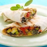 Grilled Vegetable Burrito · Mouthwatering burrito made with rice, beans, mixed grilled vegetables, and salsa.