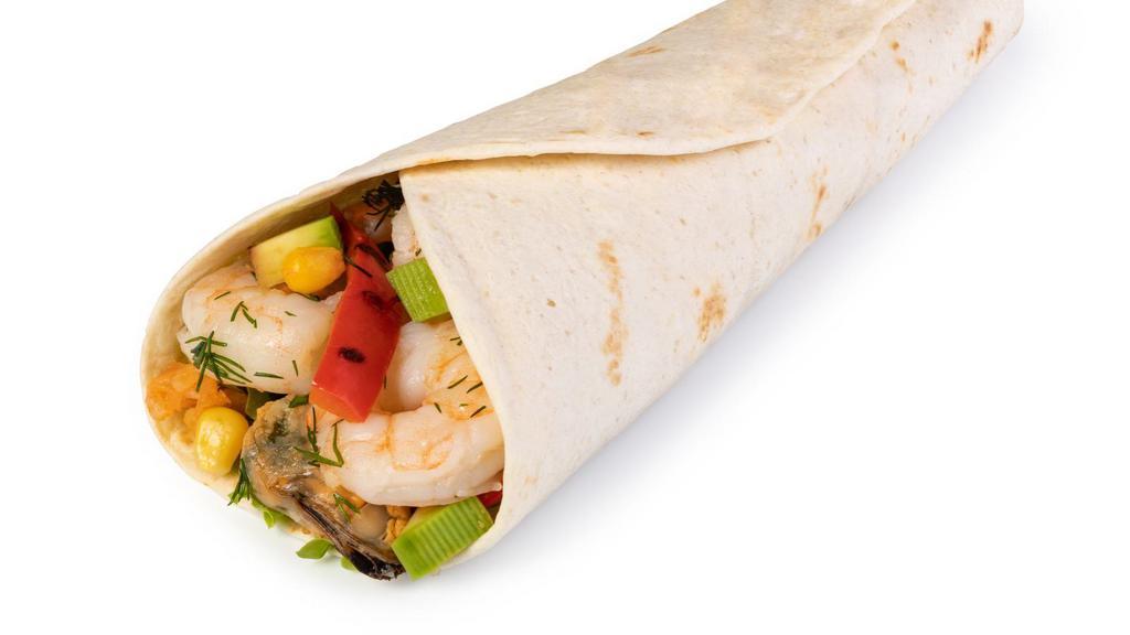 Grilled Prawns Burrito · Mouthwatering burrito made with Grilled Prawns, rice, beans, and salsa.