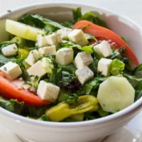 Green Salad · Lettuce, tomatoes, cucumber, feta and green pepper.