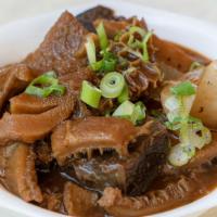 A13. Braised Beef Offal Stew w/ Radish 柱候牛雜 · With beef offal, tripe, and radish.
