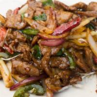 Mongolian Beef · Spicy.  In a sweet spicy garlic bean paste.