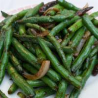 Dry Braised String Beans · Spicy.  Wok tossed in a sweet spicy garlic bean paste.