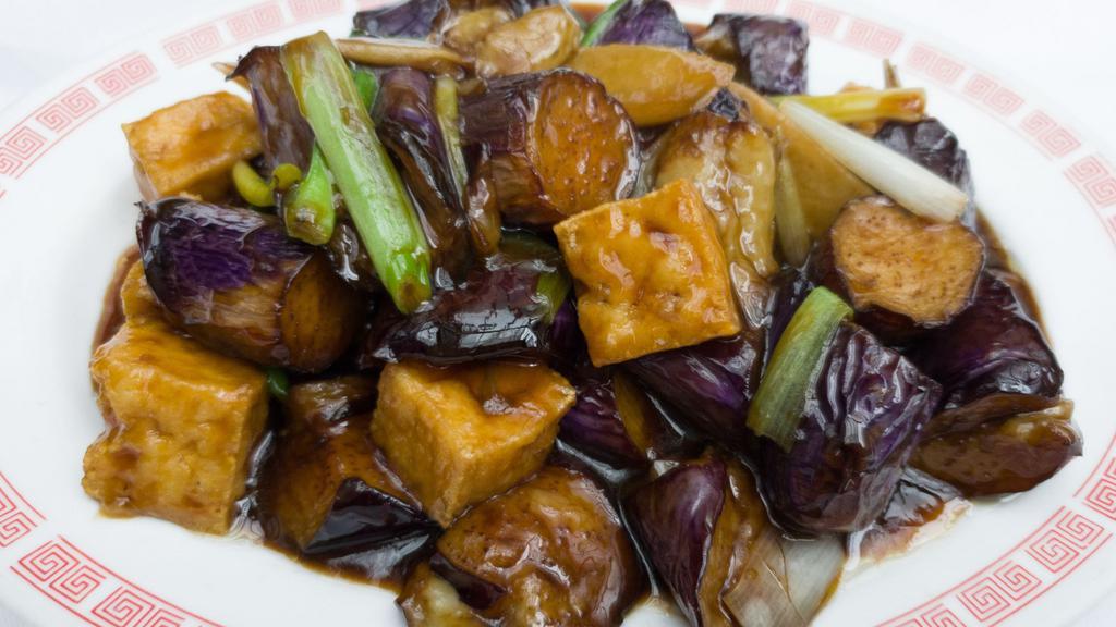 Eggplant & Crispy Tofu · Wok tossed with aromatic ginger & green onions.