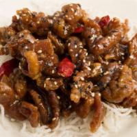 Sesame Sauce · Spicy.  Crispy fried meat,  seafood or tofu in a sweet spicy tangy garlic sauce.