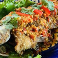 Pla Rad Phrik · Thai Crispy Tilapia Fish Topped with Chili Sauce