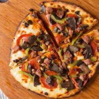 2. Sausage, Pepperoni, Mushrooms, Bell Peppers, Black Olives · Most popular combo, house-made sausage, Moroccan black olives, sauteed mushrooms, bell peppers