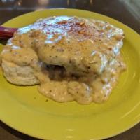 Chicken Fried Steak & Eggs · Served with a biscuit and gravy (no toast).