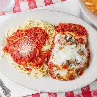 Chicken Parmigiana · Choice of Spaghetti, Ravioli or Lasagna. Breaded Chicken Breast, Baked with Mushrooms, Marin...