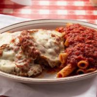 Eggplant Parmigiana · Baked with cheeses, and served with spaghetti, meat or marinara sauce.