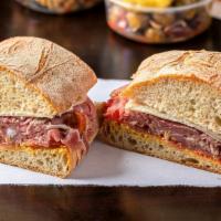 The Neil · Prosciutto, provolone, mayo , mustard, roasted peppers, roasted tomatoes on a ciabatta