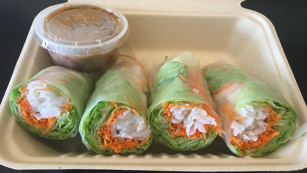 Veggie Fresh Salad Rolls · Bean sprouts, rice noodle, lettuce, carrots wrapped in fresh rice paper served with peanut sauce.