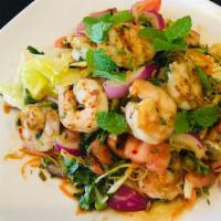 Pla Goong (Shrimp Salad) · Grilled shrimp, onion, mint, cilantro, lemon grass, chili, ginger, tomatoes, lime dressing  ...