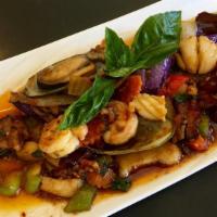 Seafood Eggplant · Stir-fried Squid, Shrimp, Mussel, Scallop with eggplant, onions, carrots, bell peppers, chil...