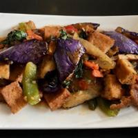 Pad Eggplant · Sautéed with eggplant, bell peppers, onion, and basil.