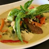 Green Curry · With bell pepper, zucchini, eggplant, basil, and green curry.