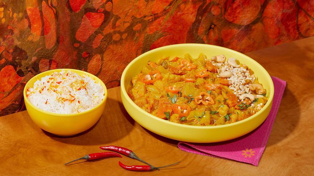 Vegetable Korma · Mixed vegetables in a spicy cashew sauce. Includes side of Rice.