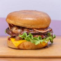 BBQ Bacon Burger · 520 Cal. Dairy free, vegan, vegetarian. Contains soy. BBQ sauce, non-GMO soybean bacon, Impo...