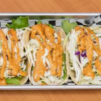 Shrimp Tacos · 300 Cal. Dairy free, vegan, vegetarian, nut free. Trio tacos made with corn tortilla, lettuc...