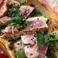 8. Seared Yellowfin Tuna Sandwiches · Mayo, Yellow-fin Tuna, Soy sauce, pepper, cucumber, pickle daikon, cilantro, and Jalapeno.
