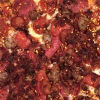 Meat Lovers · Italian salami, pepperoni, bacon, Italian sausage, and linguica on top of our homemade tomat...