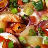 Aloha Chicken · Grilled chicken breast tossed in our BBQ sauce, tomatoes, red onions, ham, pineapples, and f...