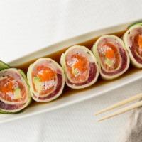 #1. Sushi Island · Cucumber wrapped tuna, salmon, hamachi, avocado, crab meat stick & ponzu sauce.