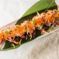 #4. Titanic · Shrimp tempura top with tuna, salmon & spicy  crab meat.