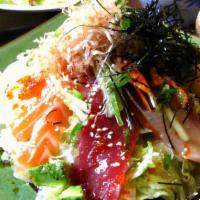 #4. Seafood Salad · Assorted raw fish with lettuce, tobiko.