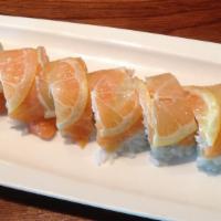 #25. 49er Roll · Real crab meat, avocado top with salmon & lemon slices.