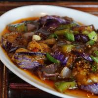 Chili Bean Eggplant · Vegan. Chinese eggplant, bell pepper, onion, hot bean sauce.