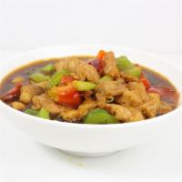 Chili Chicken · Very spicy. Chicken, green chili, bell pepper and red onion.