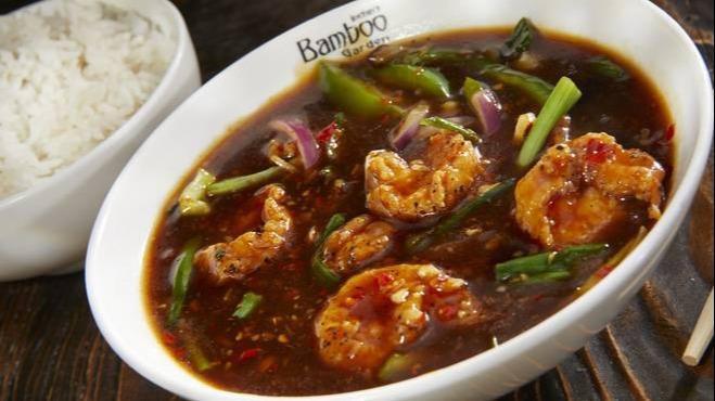 Chili Shrimp · Very spicy. Shrimp, green chili, bell pepper and red onion.