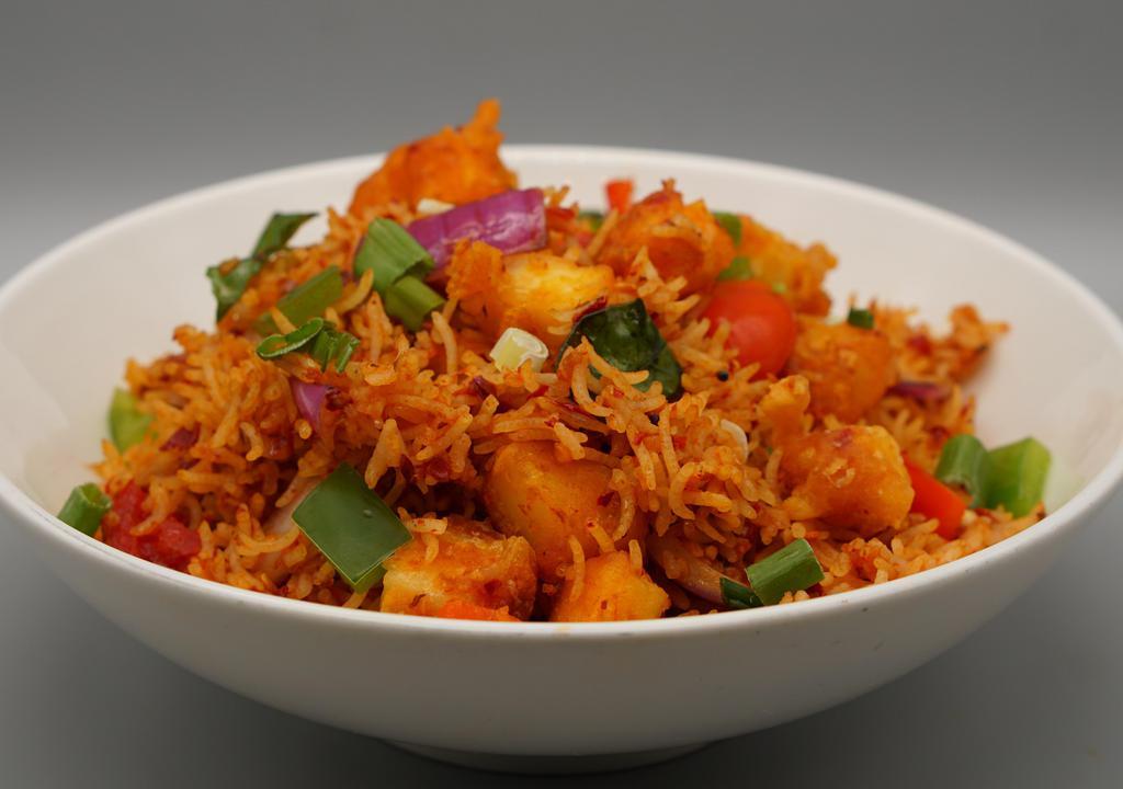 Paneer 65 Fried Rice · Spicy. Paneer, curry leaves, Indian spices, and dry red chili.