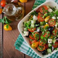 My Big Fat Greek Salad · Romaine lettuce, tomatoes, cucumber, red onions, feta cheese, black olives & pepperoncinis w...